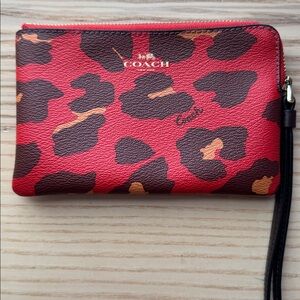 Coach Red Leopard Print Zip Wristlet Wallet Pouch